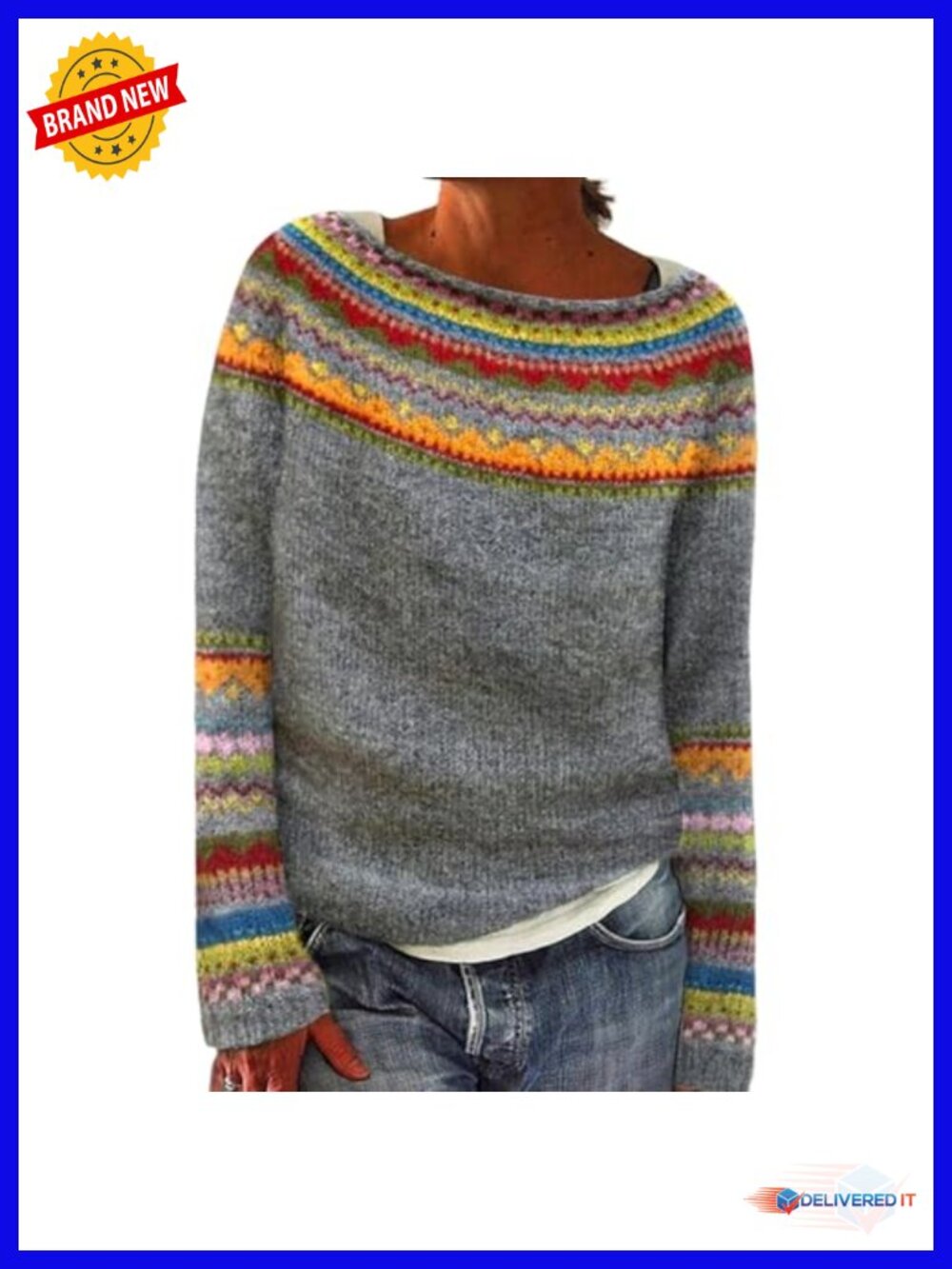 Women's Fair Isle Knit Pullover Sweater - Lightweight Crew Neck Long Sleeve